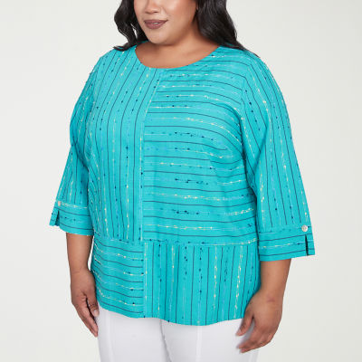 Alfred Dunner Plus Nantucket Womens Crew Neck 3/4 Sleeve Blouse