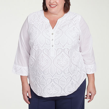 Alfred Dunner Plus Nantucket Womens Split Crew Neck 3/4 Sleeve Blouse, 2x, White