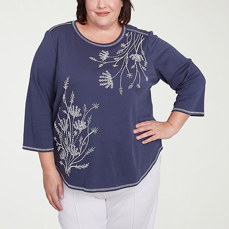 Alfred Dunner Nantucket Womens Plus Crew Neck 3/4 Sleeve T-Shirt, 3x, Blue