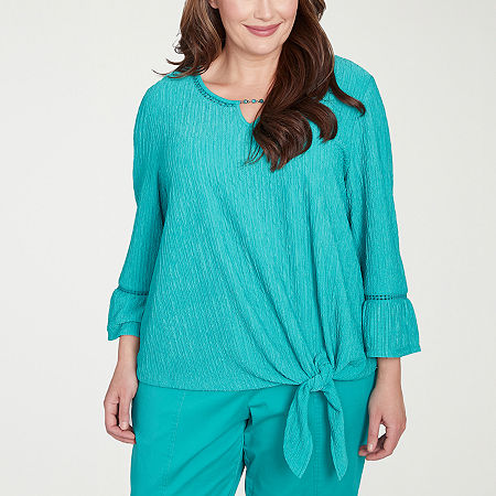 Alfred Dunner Nantucket Womens Plus Split Crew Neck 3/4 Sleeve Stretch Fabric T-Shirt, 1x, Green