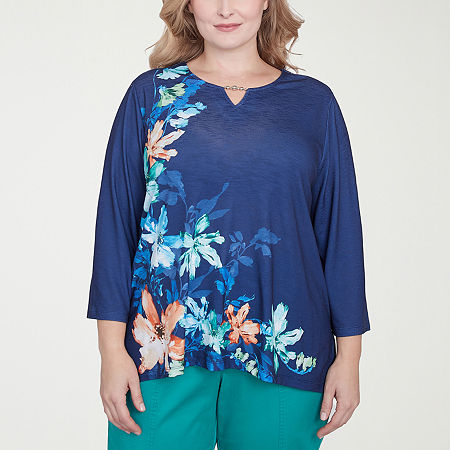 Alfred Dunner Nantucket Womens Plus Split Crew Neck 3/4 Sleeve Stretch Fabric T-Shirt, 1x, Blue