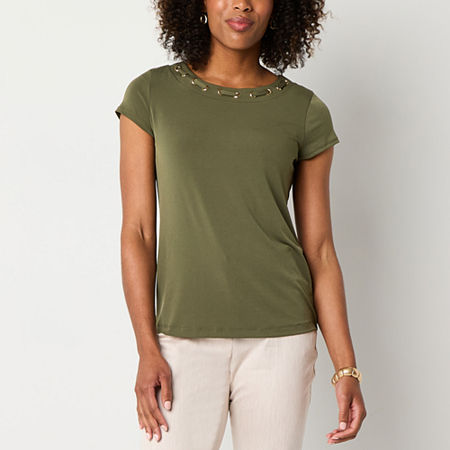 Liz Claiborne Womens Round Neck Short Sleeve Blouse, Petite Medium, Green