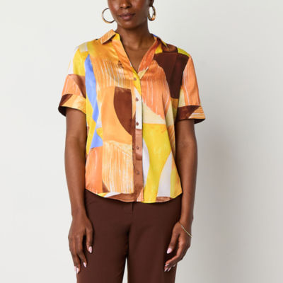 Worthington Womens Short Sleeve Fitted Button-Down Shirt