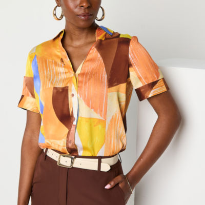 Worthington Womens Short Sleeve Fitted Button-Down Shirt