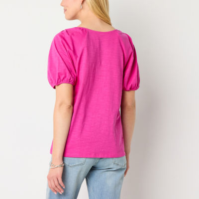 St. John's Bay Womens Square Neck Short Sleeve Embroidered Blouse