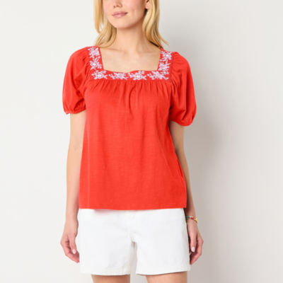 St. John's Bay Womens Square Neck Short Sleeve Embroidered Blouse