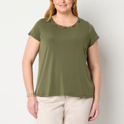 Liz Claiborne Plus Womens Round Neck Short Sleeve Blouse