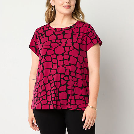 Liz Claiborne Plus Womens Round Neck Short Sleeve Blouse, 0x, Red