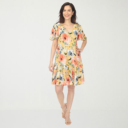 White Mark V-Neck Vintage Floral Short Sleeve Womens Short Sleeve Floral A-Line Dress, X-large, Yellow