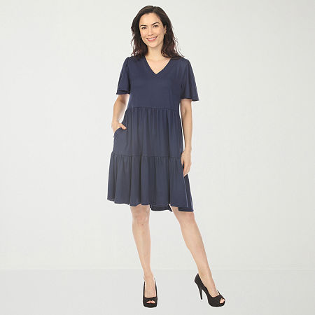 White Mark V-Neck Short Sleeve Womens Short Sleeve A-Line Dress, X-large, Blue