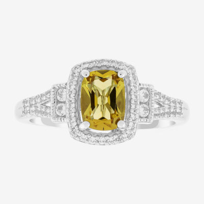 Limited Quantities! Womens Genuine Yellow Citrine Sterling Silver Halo Side Stone Cocktail Ring