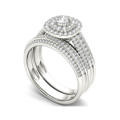 1 CT.T.W. Natural Diamond Halo 10K White Gold Bridal Ring Set