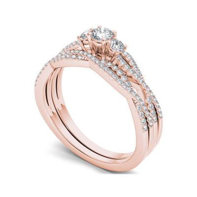 1/2 CT.T.W. Natural Diamond 14K Rose Gold Crossover Bridal Ring Set