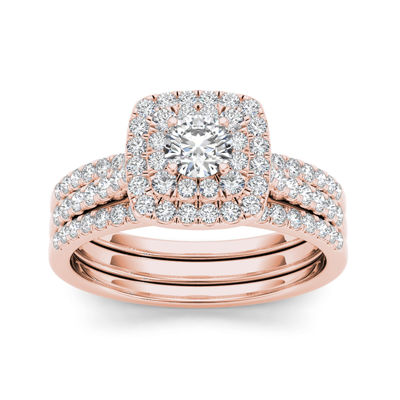 1 CT. T.W. Diamond 10K Rose Gold Halo Bridal Ring Set, Color: Rose Gold ...