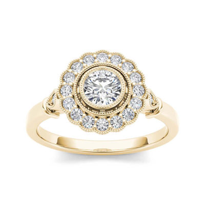 1/2 CT.T.W. Natural Diamond Flower Halo 10K Yellow Gold Engagement Ring