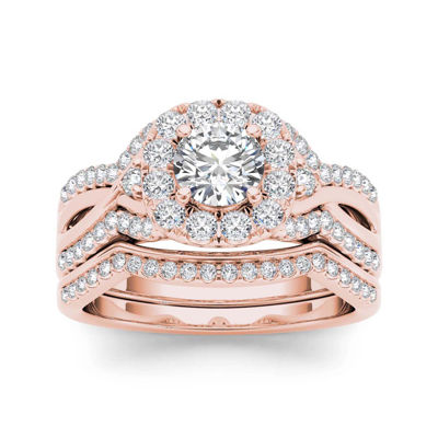 1 1/4 CT. T.W. Diamond 14K Rose Gold Halo Bridal Ring Set, Color: Rose ...