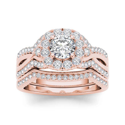 1 1/4 CT.T.W. Natural Diamond 14K Rose Gold Halo Bridal Ring Set
