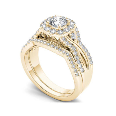 1 1/4 CT.T.W. Natural Diamond 14K Yellow Gold Halo Bridal Ring Set