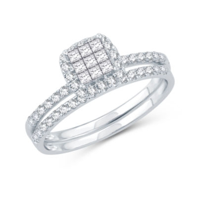 Womens 1/2 CT. T.W. Natural White Diamond 10K White Gold Cushion Bridal Set