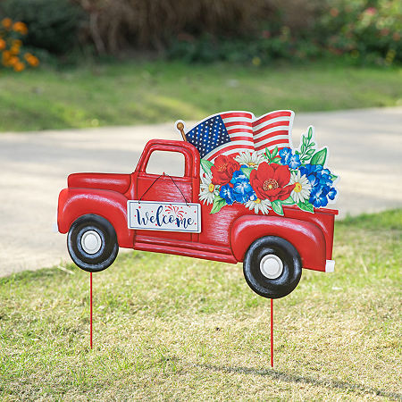 Glitzhome 23.5L Metal Patriotic Truck 4th Of July Yard Art, One Size, Red