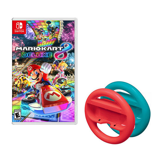 Nintendo Switch Mario Kart 8 with Red and Blue Steering Wheels Bundle