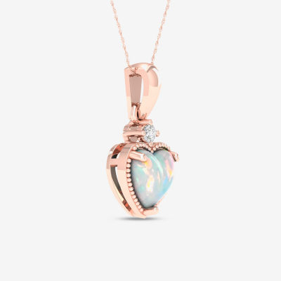 Womens Diamond Accent Genuine Opal 10K Gold Heart Pendant Necklace