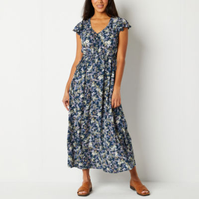 Frye and Co. Short Sleeve Floral Midi A-Line Dress, Color: Navy Combo ...