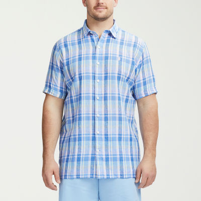 IZOD Premium Linen Big and Tall Mens Classic Fit Short Sleeve Plaid Button-Down Shirt