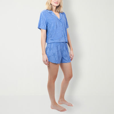 Peace Love And Dreams Womens Terry Cloth Short Sleeve 2-pc. Shorts Pajama Set