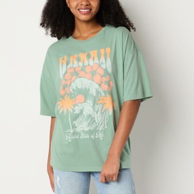 Juniors Hawaii Aloha State Of Mind Oversized Womens Crew Neck Short Sleeve Graphic T-Shirt