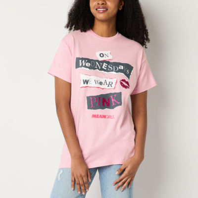 Juniors Mean Girls On Wednesdays We Wear Pink Boyfriend Tee Womens Crew Neck Short Sleeve Graphic T-Shirt