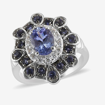 Womens Genuine Purple Tanzanite Sterling Silver Cluster Cocktail Ring