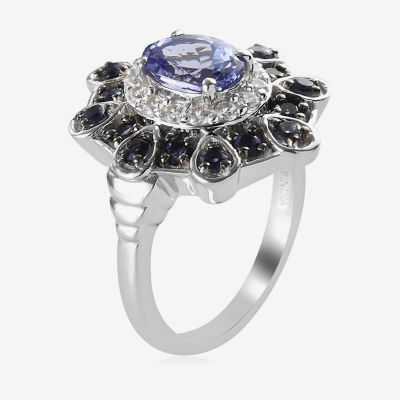 Womens Genuine Purple Tanzanite Sterling Silver Cluster Cocktail Ring