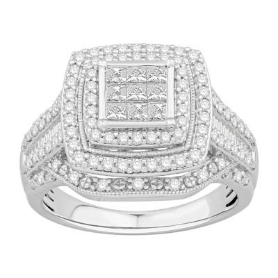 Womens 1 CT. T.W. Mined White Diamond 10K White Gold Cushion Halo Engagement Ring