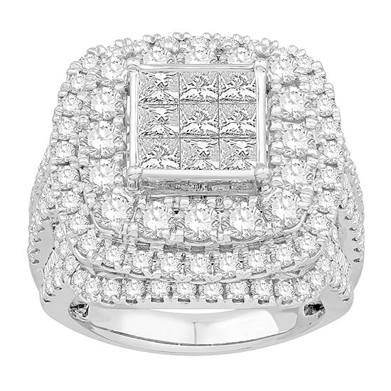 Womens 4 CT. T.W. Genuine White Diamond 10K White Gold Cushion Side Stone Engagement Ring