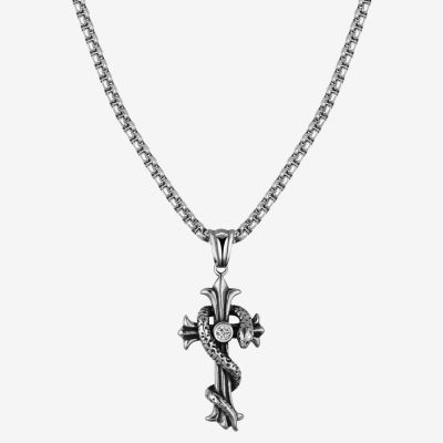 J.P. Army Wrapped Snake Cubic Zirconia Stainless Steel 24 Inch Rolo Cross Pendant Necklace