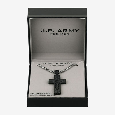 J.P. Army Black Stainless Steel 24 Inch Rolo Cross Pendant Necklace