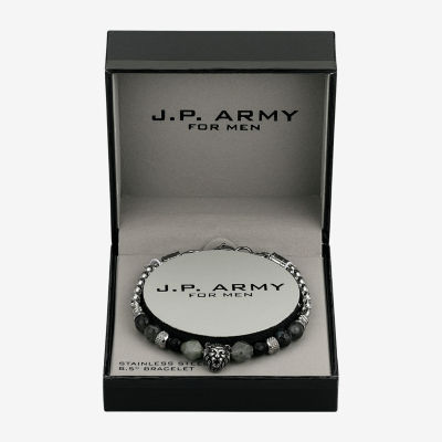 J.P. Army Lion Head Onyx Stainless Steel 8 1/2 Inch Rolo Beaded Bracelet