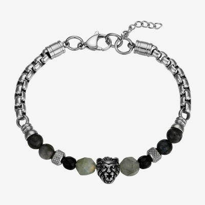 J.P. Army J.P. Army Lion Head Onyx Stainless Steel 8 1/2 Inch Rolo Beaded Bracelet