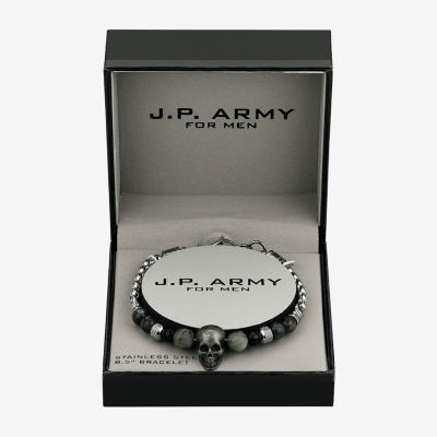 J.P. Army Onyx Stainless Steel 8 1/2 Inch Rolo Skull Beaded Bracelet