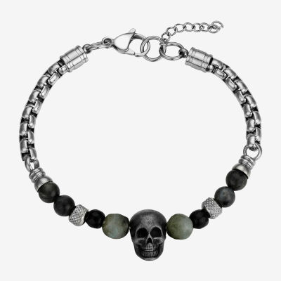 J.P. Army Onyx Stainless Steel 8 1/2 Inch Rolo Skull Beaded Bracelet