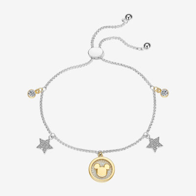 Disney Classics Cubic Zirconia 14K Gold Over Brass Pure Silver Over Brass 8 1/2 Inch Rolo Star Mickey Mouse Bolo Bracelet