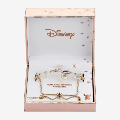 Disney Classics Family Ohana Cubic Zirconia 14K Gold Over Brass Pure Silver Over Brass 8 1/2 Inch Paperclip Flower Heart Lilo & Stitch Bolo Bracelet