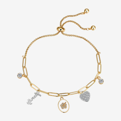 Disney Classics Family Ohana Cubic Zirconia 14K Gold Over Brass Pure Silver Over Brass 8 1/2 Inch Paperclip Flower Heart Lilo & Stitch Bolo Bracelet