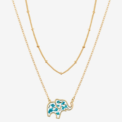 Gratitude & Grace Courage Blue Pressed Flowers Elephant 2-pc. 14K Gold Over Brass 16 Inch Cable Necklace Set