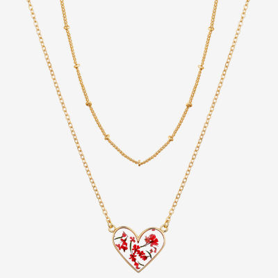 Gratitude & Grace Gratitude Pink Pressed Flowers 2-pc. 14K Gold Over Brass 16 Inch Cable Heart Necklace Set