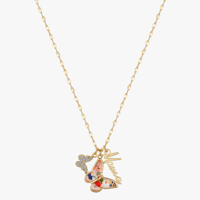 Gratitude & Grace Mama Pressed Flowers Cubic Zirconia 14K Gold Over Brass 16 Inch Cable Butterfly Pendant Necklace