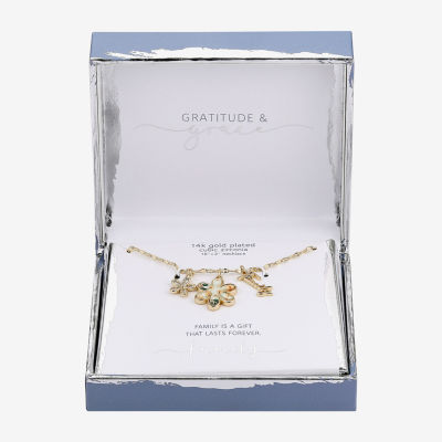 Gratitude & Grace Family Pressed Flowers Cubic Zirconia 14K Gold Over Brass 16 Inch Cable Flower Pendant Necklace