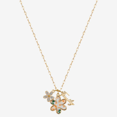 Gratitude & Grace Family Pressed Flowers Cubic Zirconia Pure Silver Over Brass 16 Inch Cable Flower Pendant Necklace