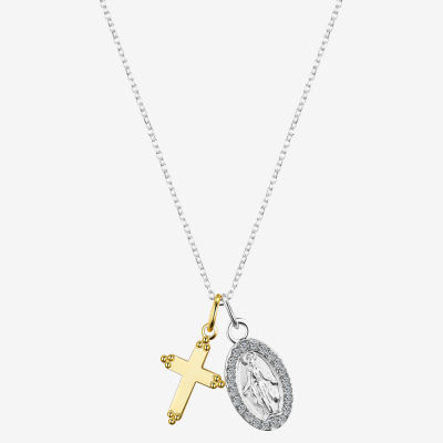 Footnotes Faith Virgin Mary Crystal 14K Gold Over Silver Sterling Silver 16 Inch Cable Cross Pendant Necklace